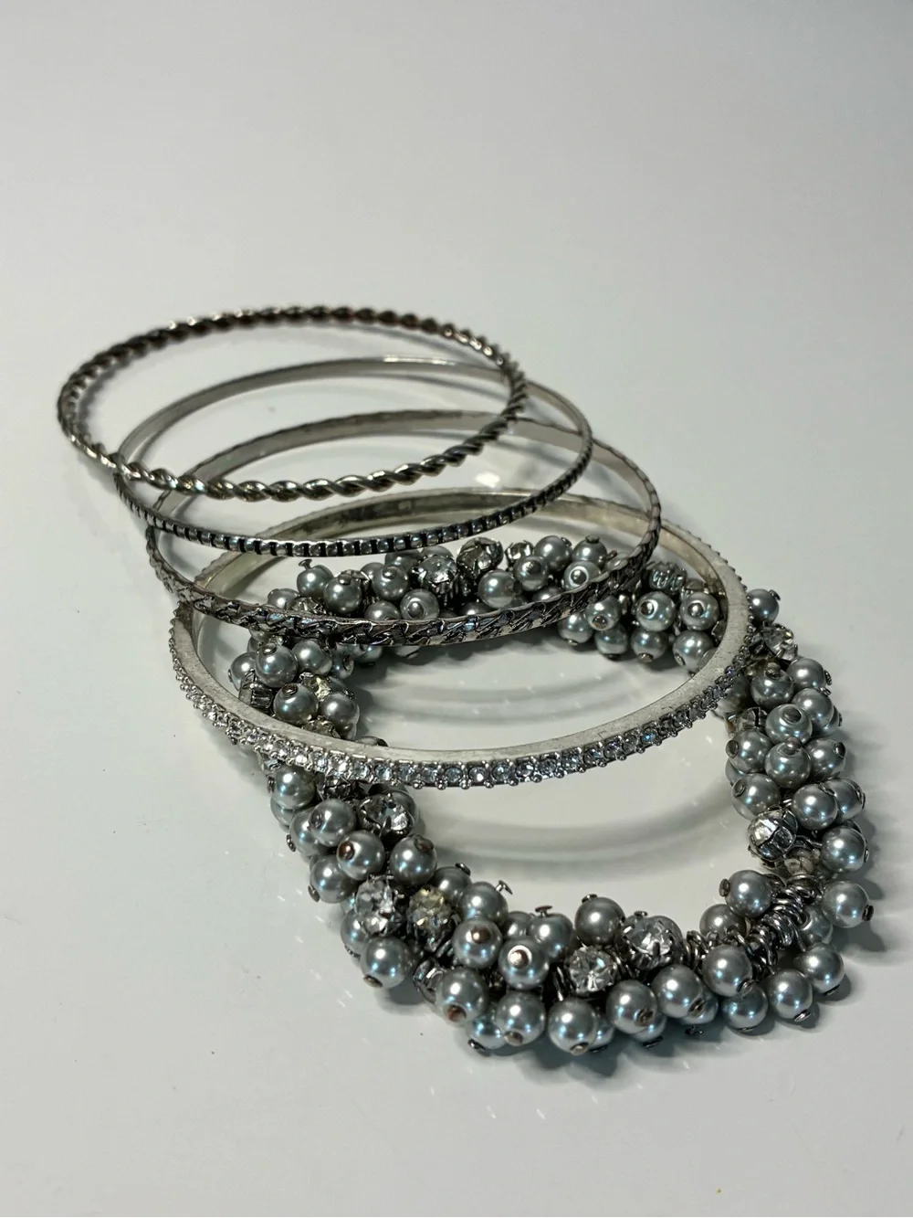 Silver Pearl & Crystal Stretch Bracelet with Stackable Bangle Set Lot of 5